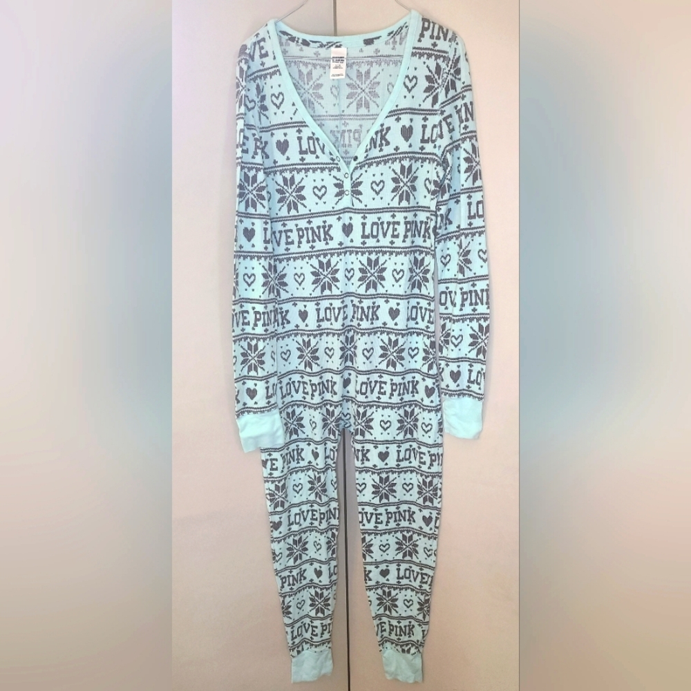 Love Pink Blue and White Onesie Pajamas with Button Butt Flap